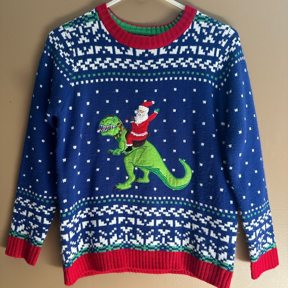Festive Blue Sweater with Santa and Dinosaur